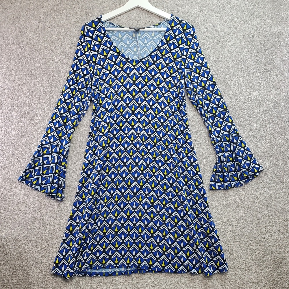 Karen Kane A Line Dress Womens Medium Multicolor Geometric Viscose Bell Sleeve